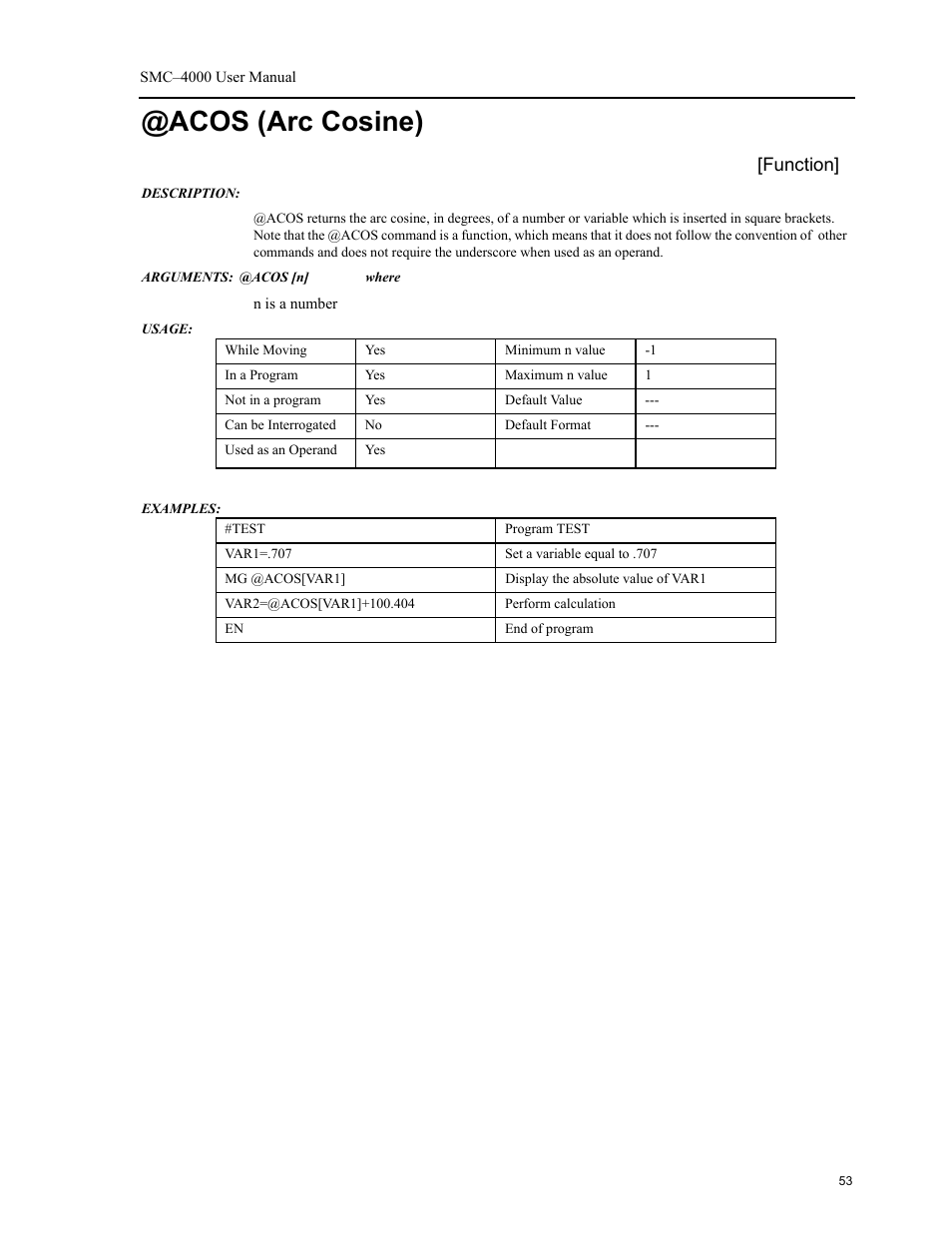 Acos (arc cosine), Function | Yaskawa SMC–4000 User Manual | Page 63 / 385