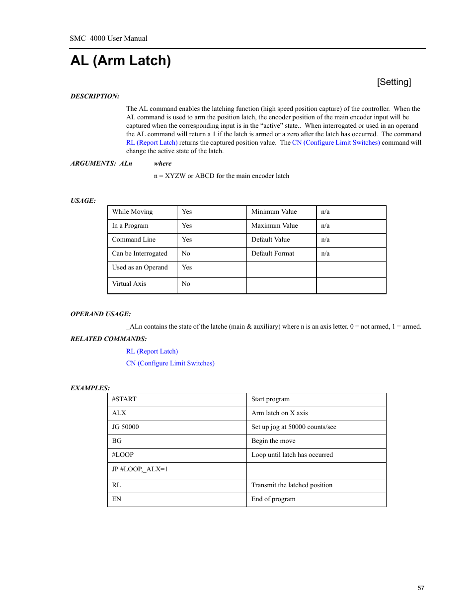 Al (arm latch), Setting | Yaskawa SMC–4000 User Manual | Page 67 / 385