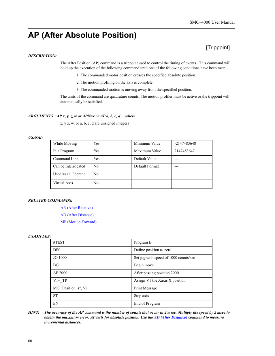 Ap (after absolute position), Trippoint | Yaskawa SMC–4000 User Manual | Page 70 / 385