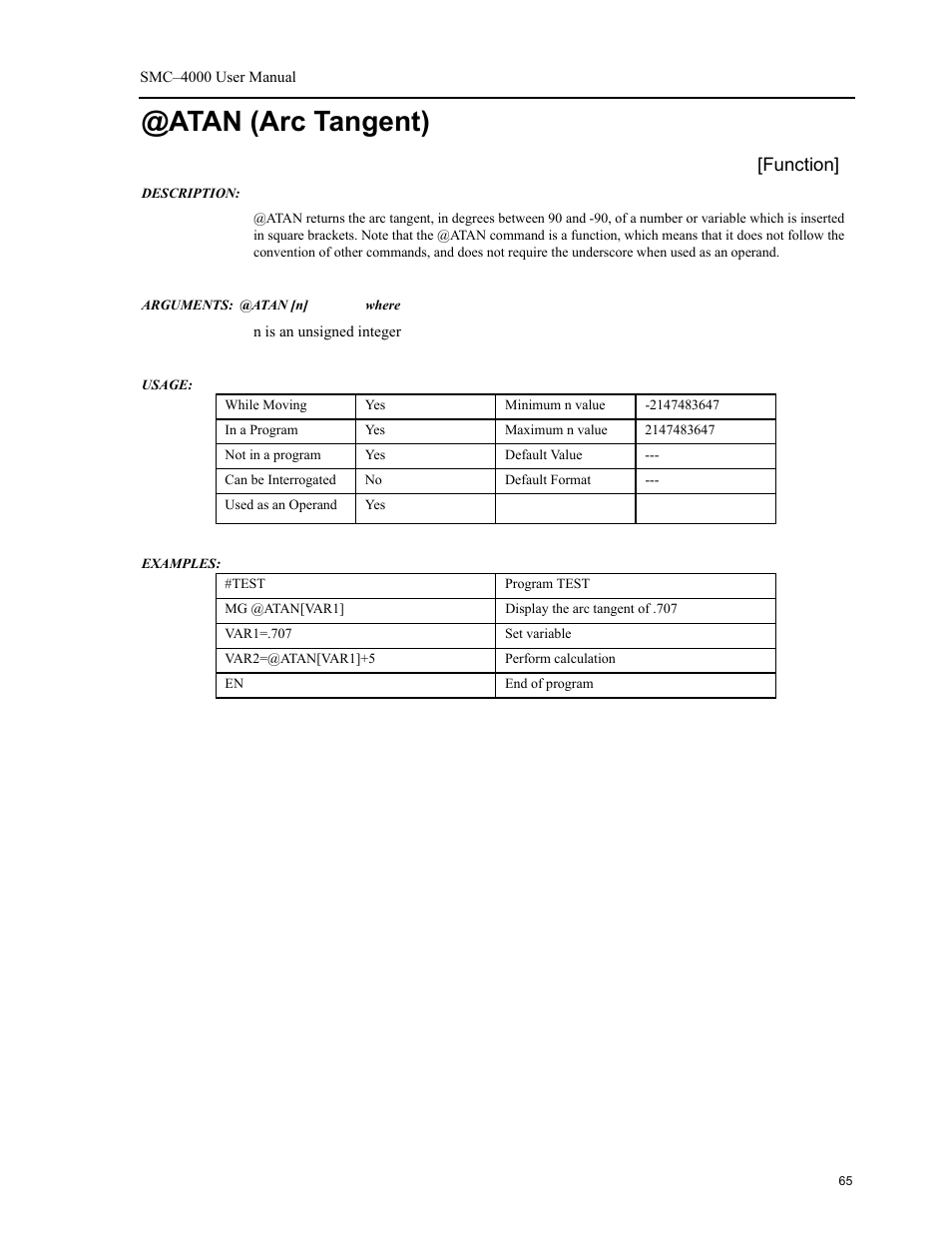 Atan (arc tangent), Function | Yaskawa SMC–4000 User Manual | Page 75 / 385