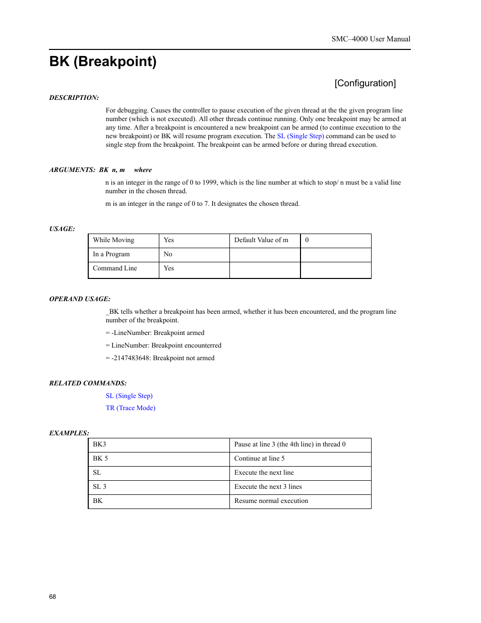 Bk (breakpoint), Configuration | Yaskawa SMC–4000 User Manual | Page 78 / 385