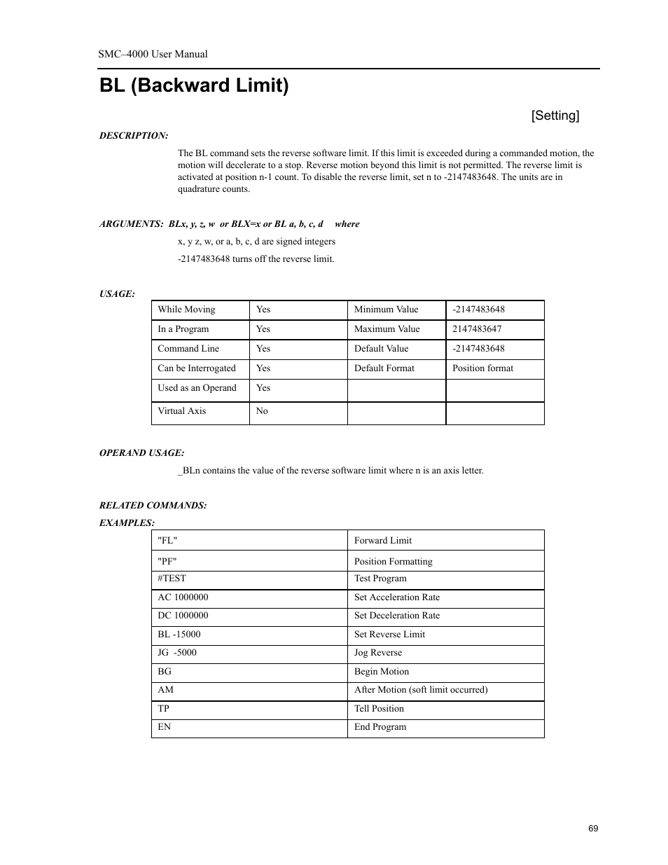 Bl (backward limit), Setting | Yaskawa SMC–4000 User Manual | Page 79 / 385