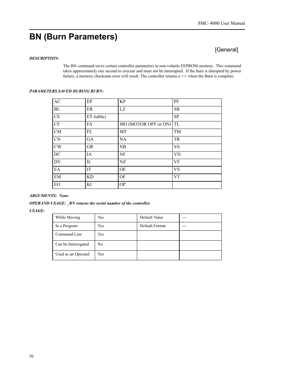 Bn (burn parameters) | Yaskawa SMC–4000 User Manual | Page 80 / 385