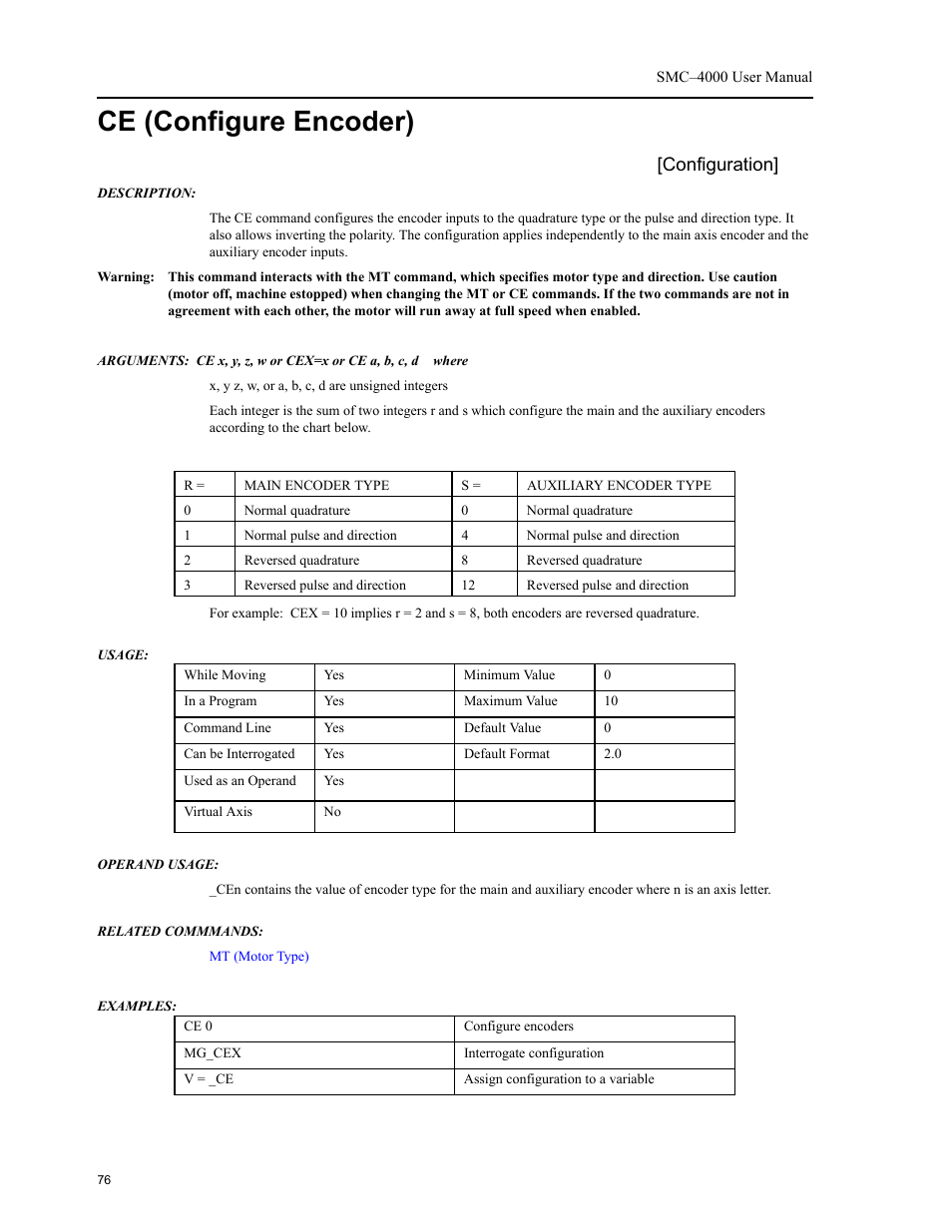 Ce (configure encoder), Configuration | Yaskawa SMC–4000 User Manual | Page 86 / 385