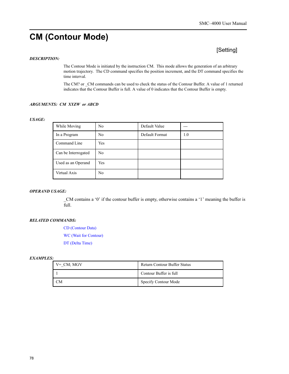 Cm (contour mode), Setting | Yaskawa SMC–4000 User Manual | Page 88 / 385