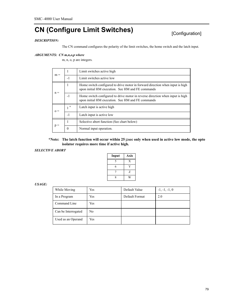 Cn (configure limit switches), Returns the captured position value. the, Configuration | Yaskawa SMC–4000 User Manual | Page 89 / 385