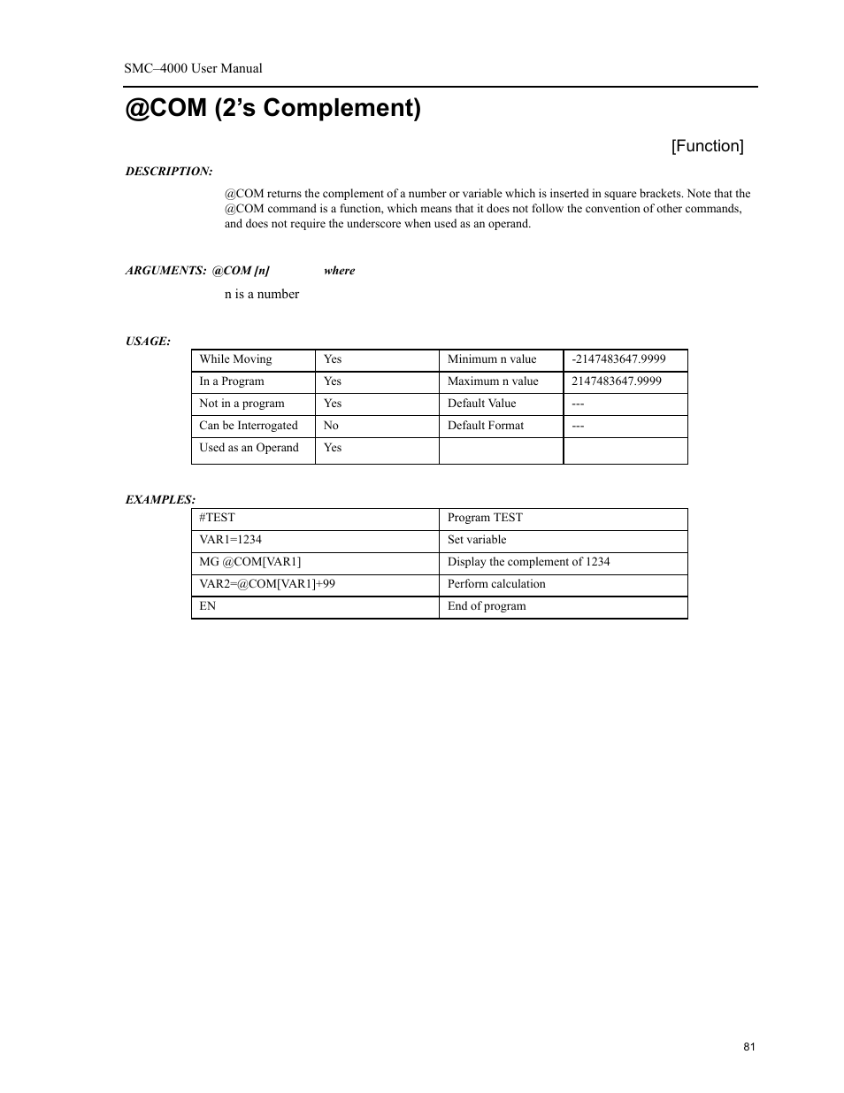 Com (2’s complement), Function | Yaskawa SMC–4000 User Manual | Page 91 / 385