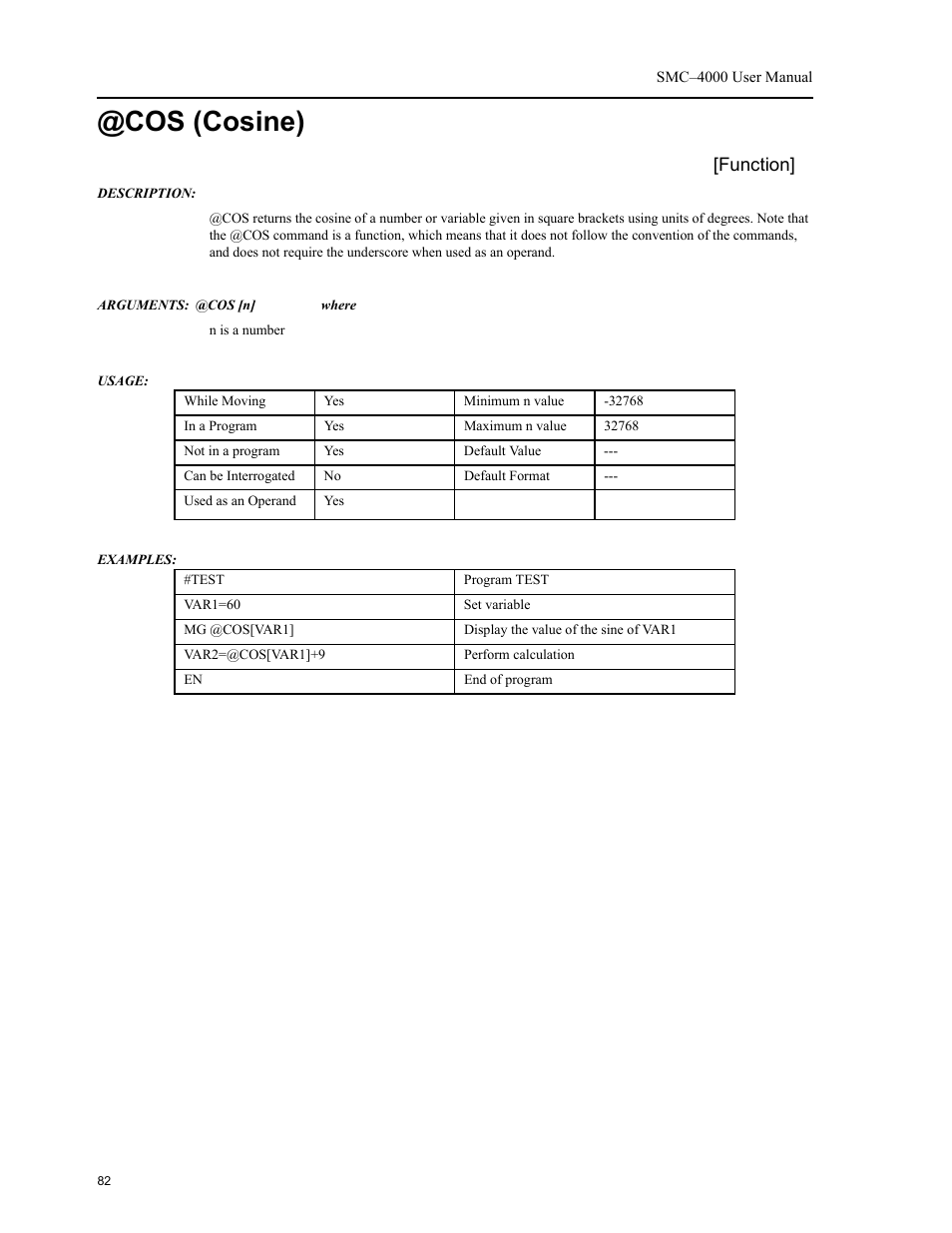 Cos (cosine), Function | Yaskawa SMC–4000 User Manual | Page 92 / 385