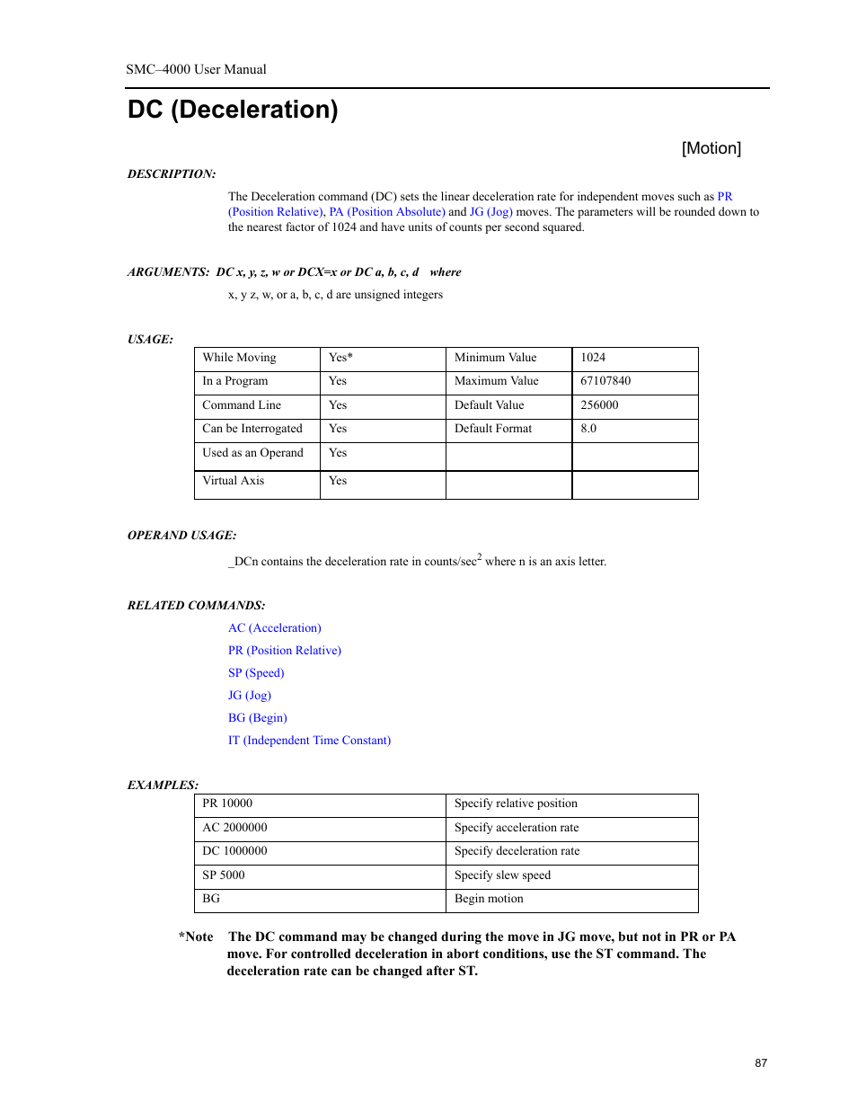 Dc (deceleration), Motion | Yaskawa SMC–4000 User Manual | Page 97 / 385