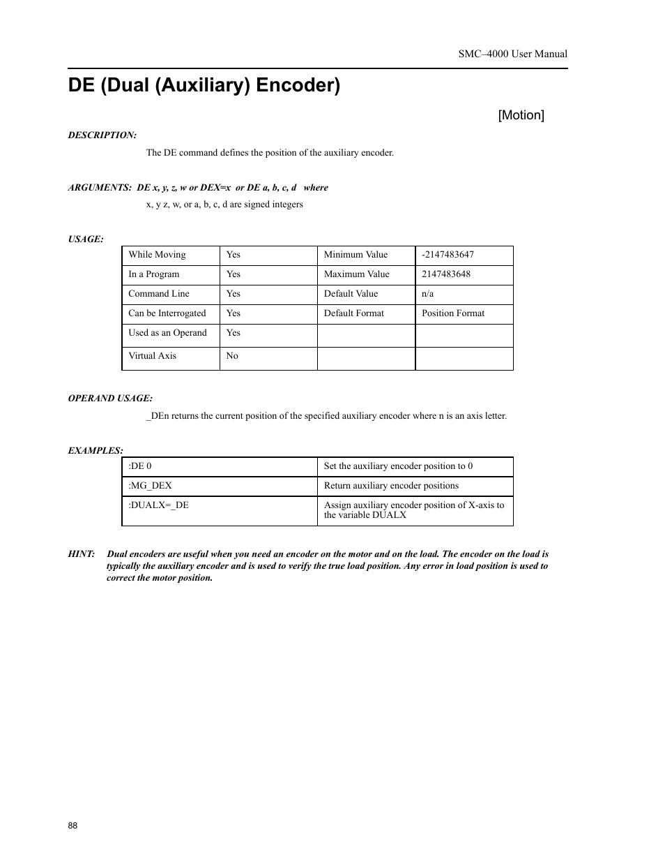 De (dual (auxiliary) encoder), Motion | Yaskawa SMC–4000 User Manual | Page 98 / 385