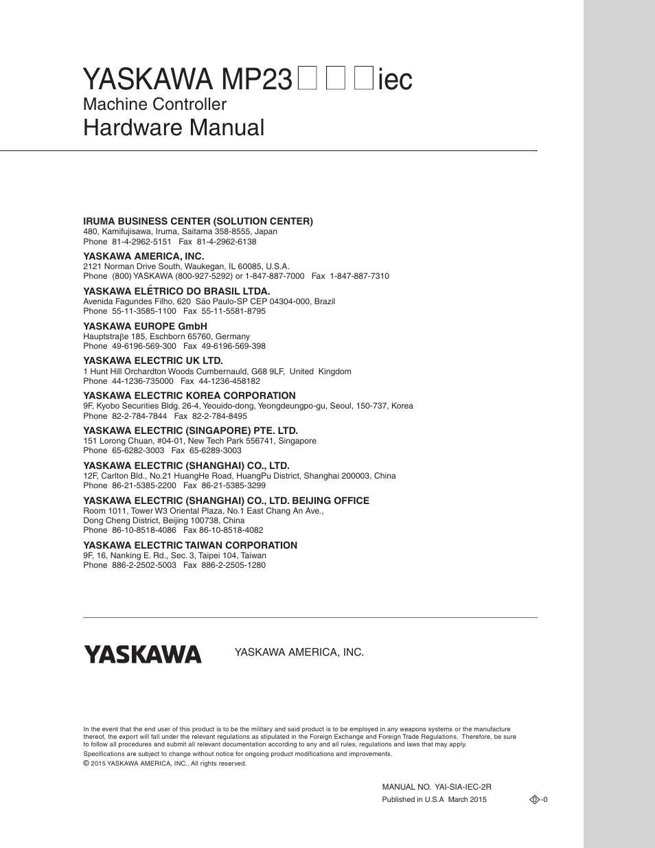 Yaskawa mp23 iec, Hardware manual, Machine controller | Yaskawa MP2000iec User Manual | Page 102 / 102