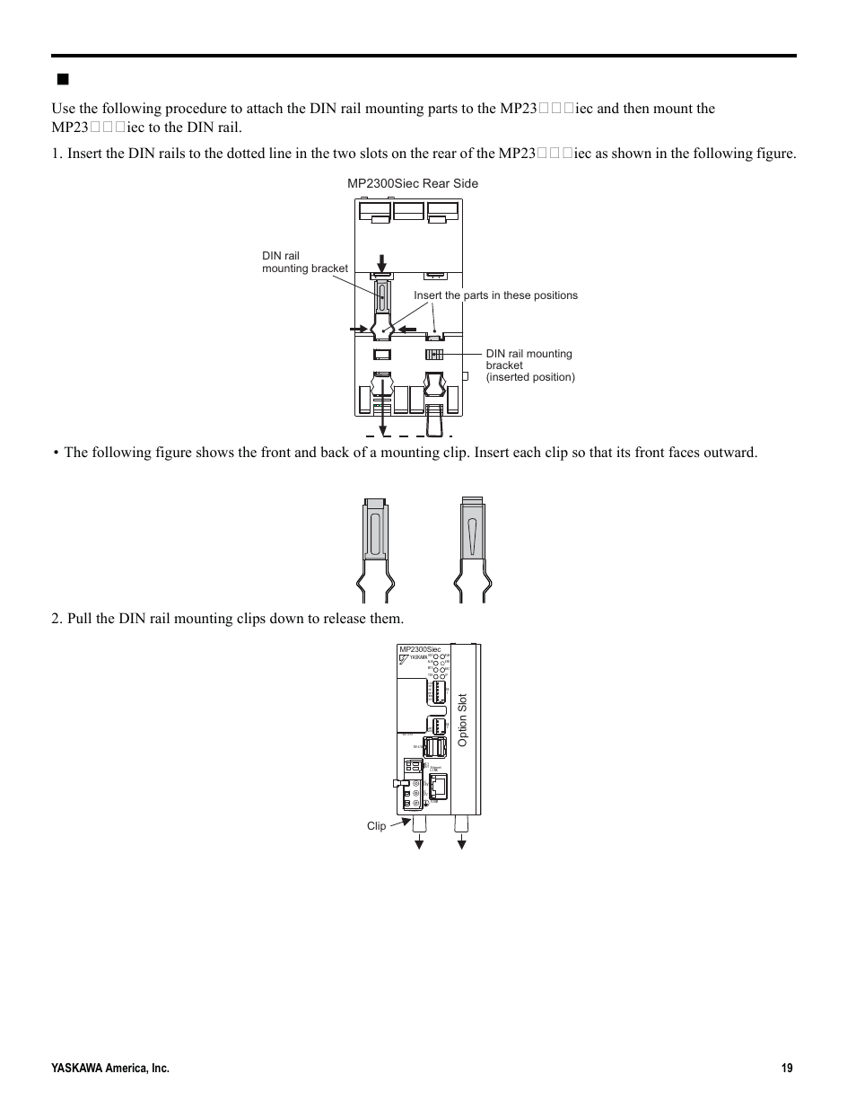 Procedure for mounting to din rail, 5 mounting, Iec and then mount the mp23 | Mp2300siec rear side, Option slot | Yaskawa MP2000iec User Manual | Page 19 / 102