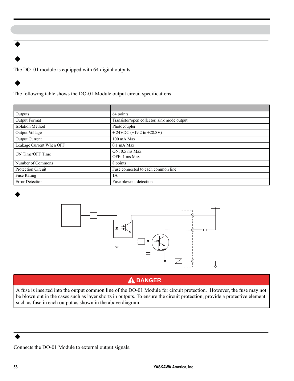 16 option module - do-01 (digital output) module, Appearance/indicators, Module functions | Output circuit specifications, Do-01 module connections | Yaskawa MP2000iec User Manual | Page 56 / 102