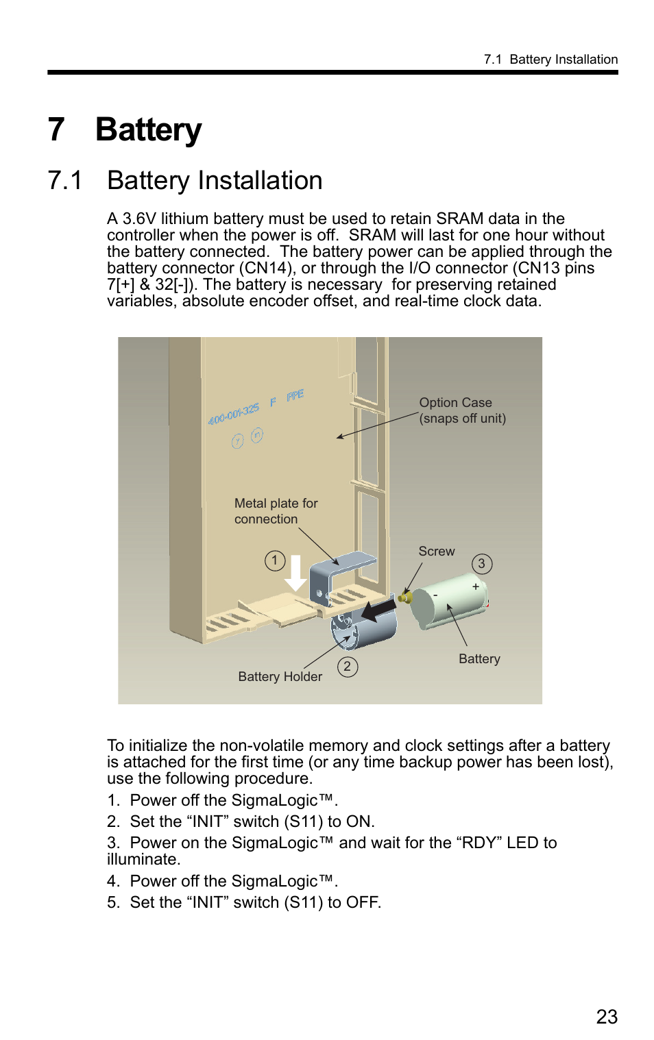 7 battery, 1 battery installation | Yaskawa SigmaLogic User Manual | Page 25 / 48