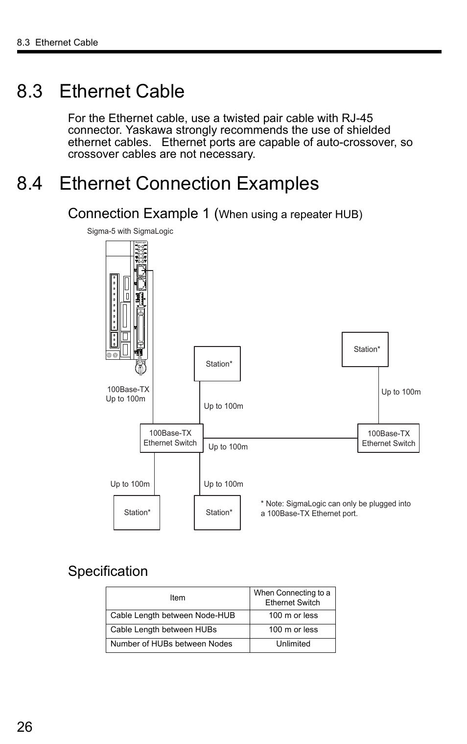3 ethernet cable, 4 ethernet connection examples, Connection example 1 | Specification | Yaskawa SigmaLogic User Manual | Page 28 / 48