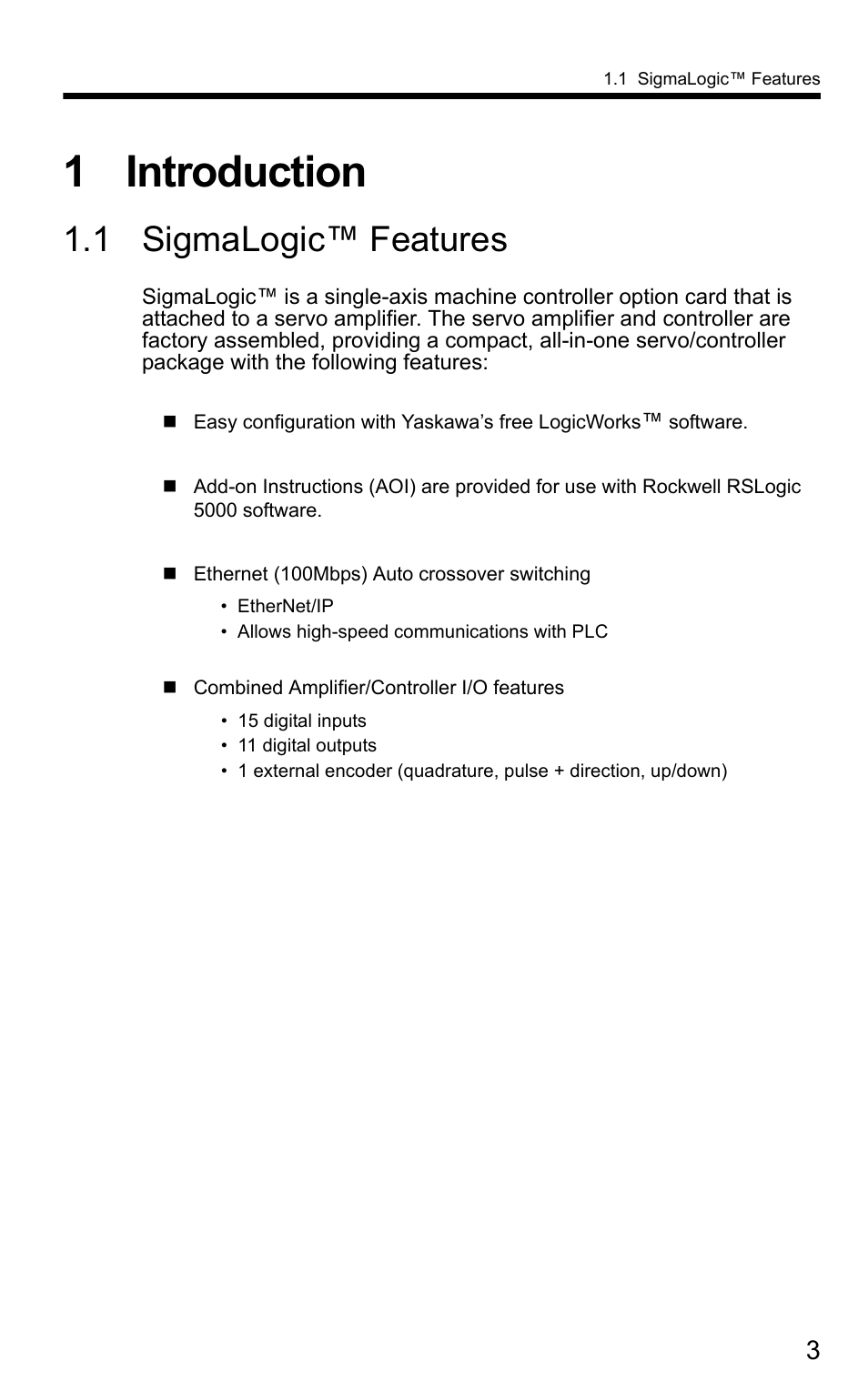 1 introduction, 1 sigmalogic™ features | Yaskawa SigmaLogic User Manual | Page 5 / 48