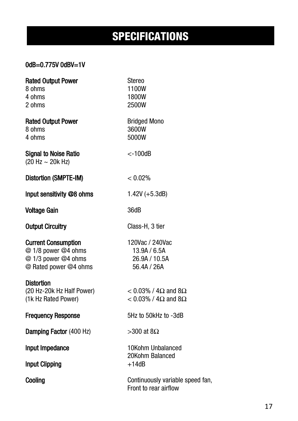 Specifications | Cerwin-Vega CV-5000 User Manual | Page 17 / 19