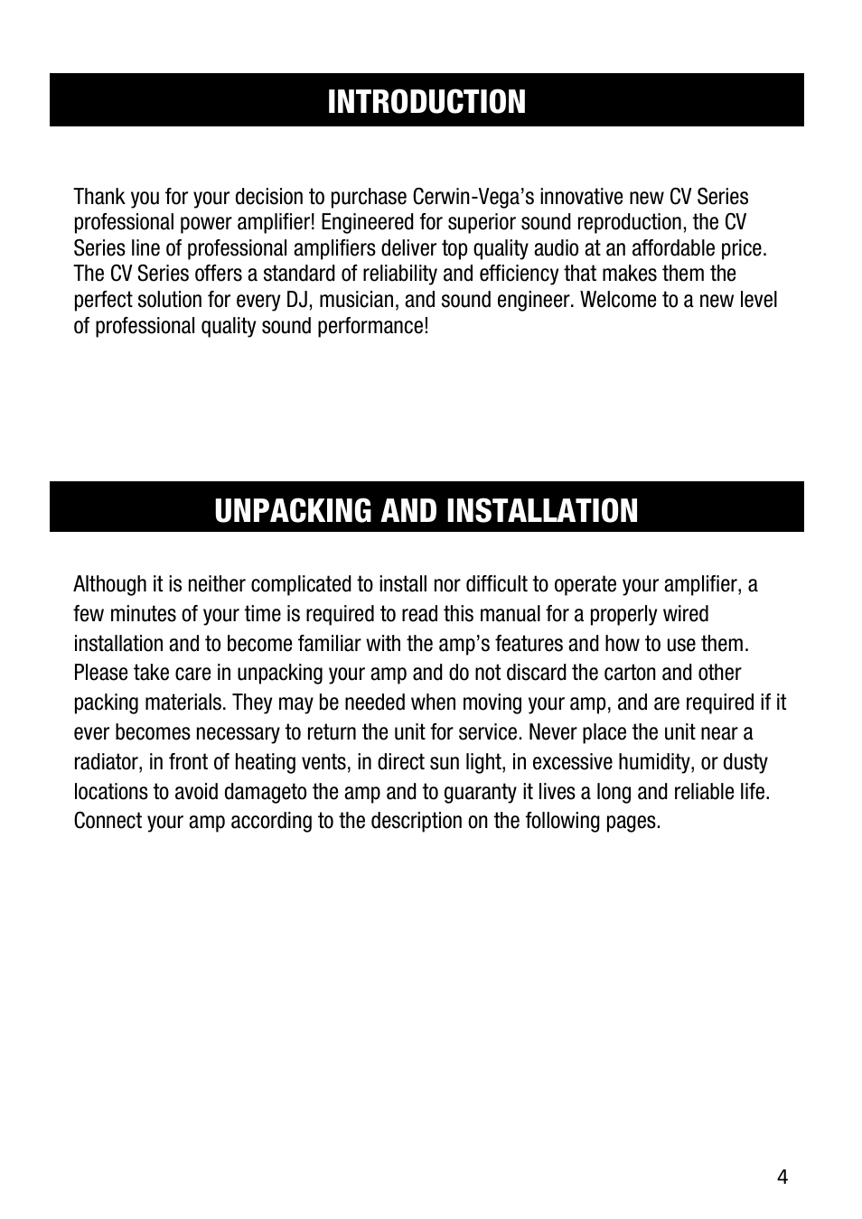 Introduction, Unpacking and installation | Cerwin-Vega CV-5000 User Manual | Page 4 / 19