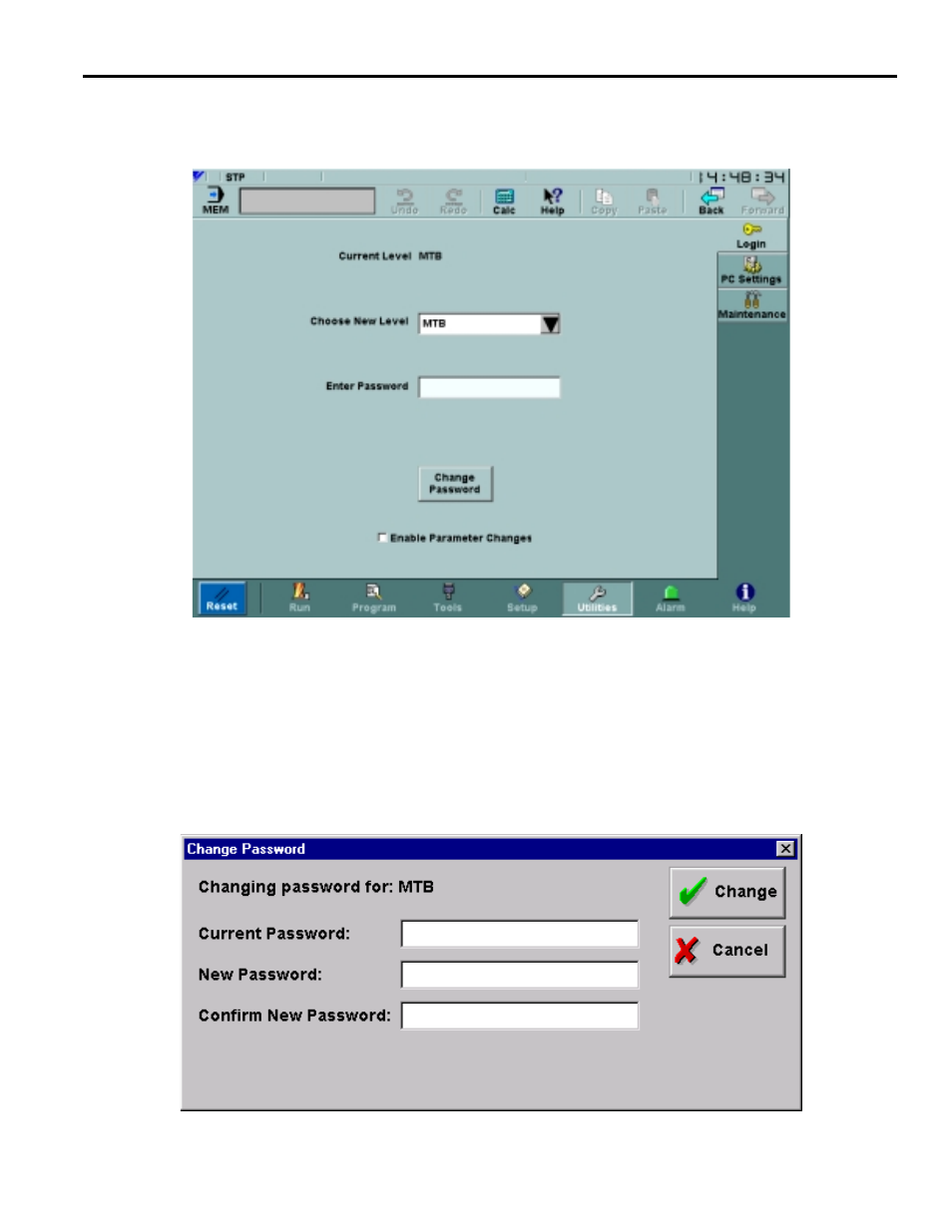 7 utilities menu, 1 login screen, Utilities menu -65 | Login screen -65 | Yaskawa Yasnac PC NC User Manual | Page 116 / 389