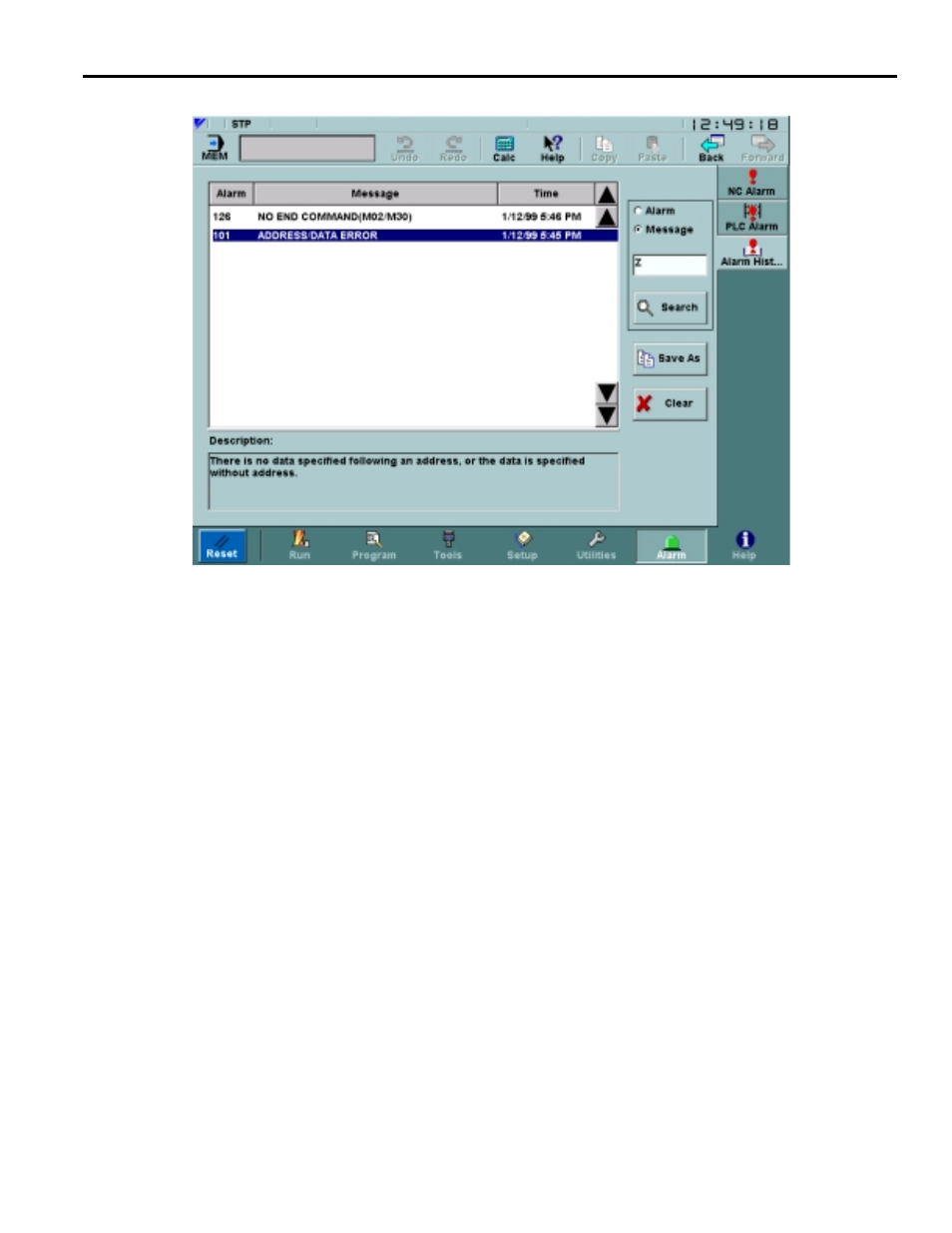 3 alarm history screen, Alarm history screen -102 | Yaskawa Yasnac PC NC User Manual | Page 152 / 389