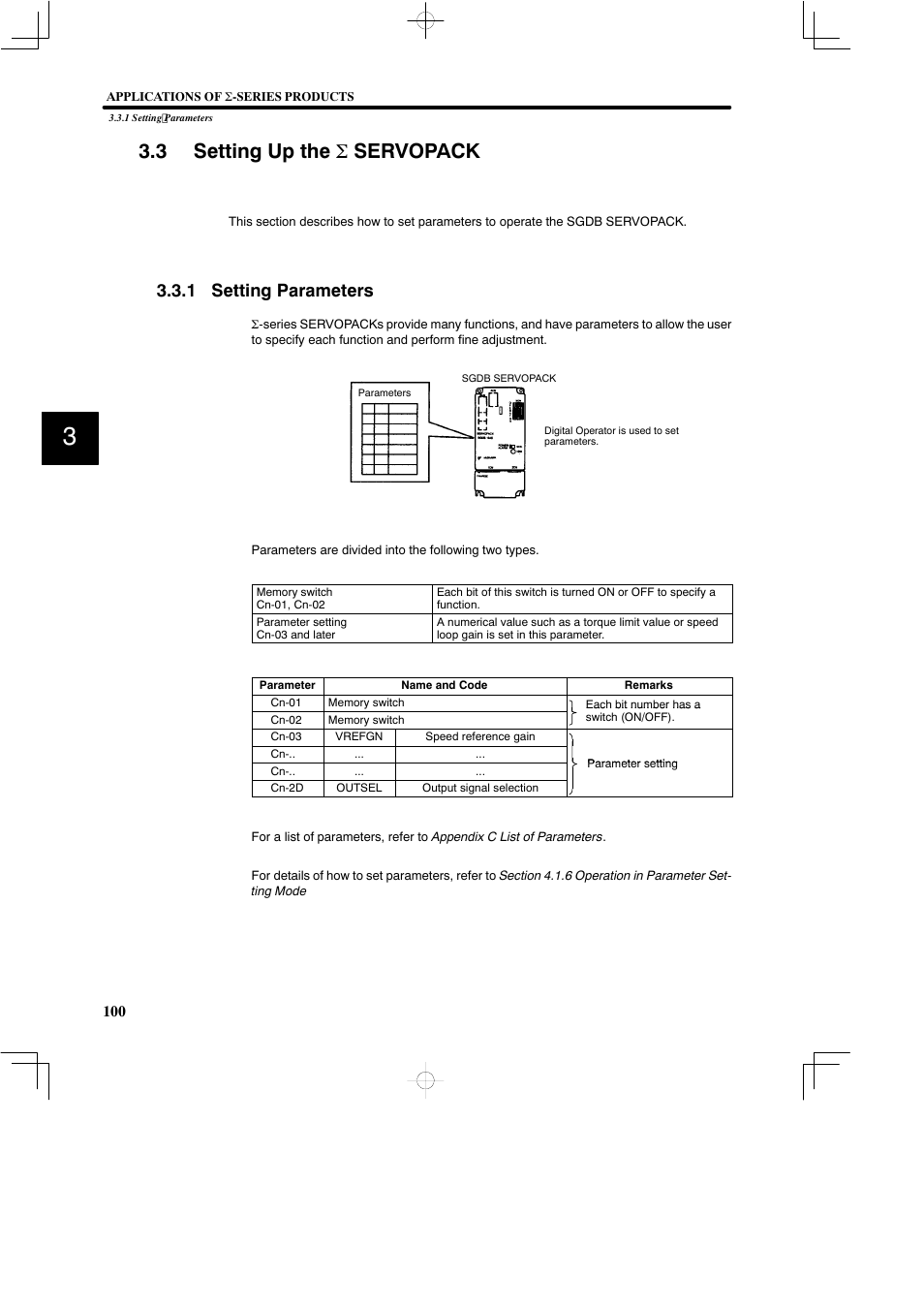 3 setting up the sigma servopack, 1 setting parameters, 3 setting up the σ servopack | Yaskawa SGDB User Manual | Page 112 / 585