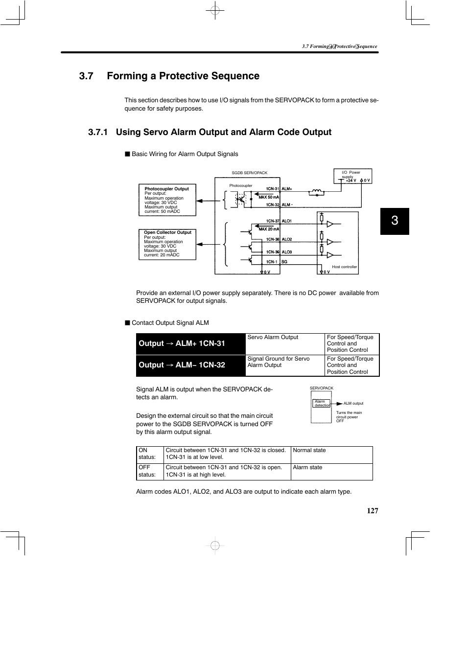 7 forming a protective sequence, 1 using servo alarm output and alarm code output, Output → alm+ 1cn-31 | Output → alm− 1cn-32 | Yaskawa SGDB User Manual | Page 139 / 585