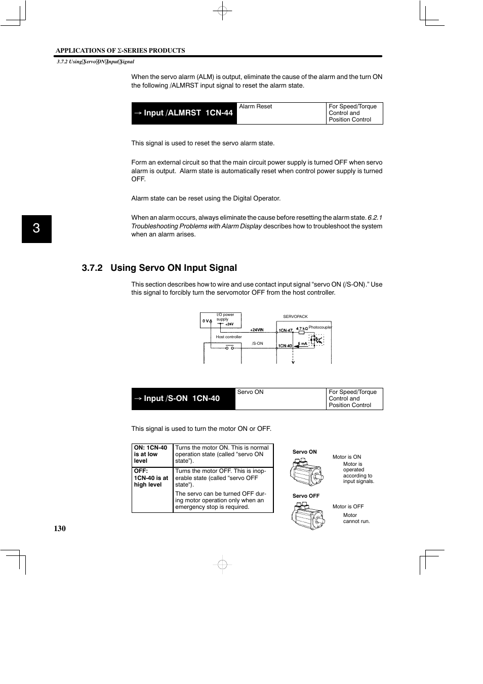 2 using servo on input signal, Input /almrst 1cn-44, Input /s-on 1cn-40 | Yaskawa SGDB User Manual | Page 142 / 585