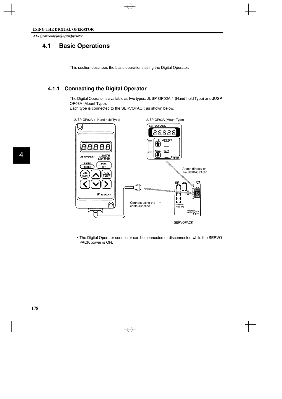 1 basic operations, 1 connecting the digital operator | Yaskawa SGDB User Manual | Page 189 / 585
