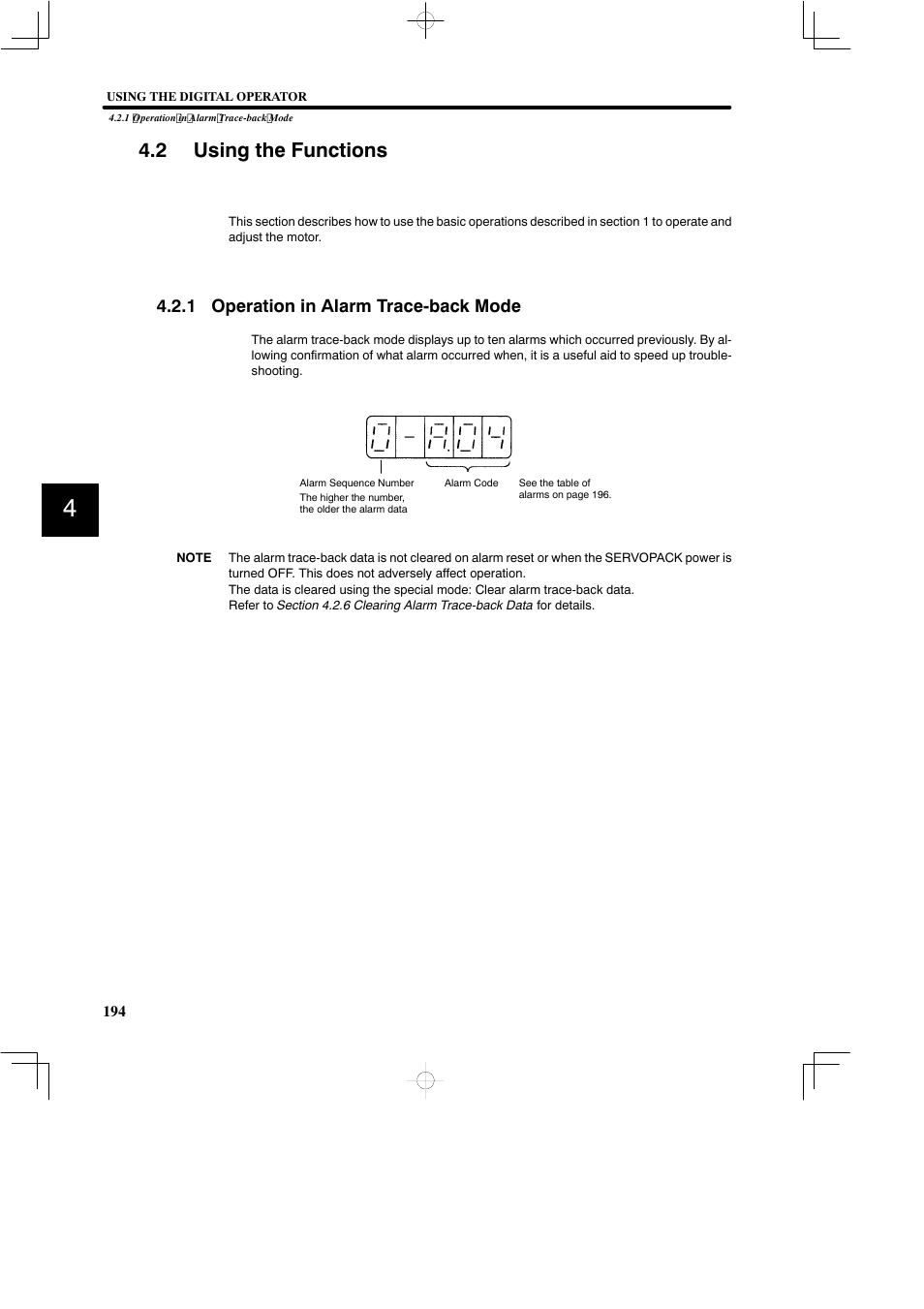 2 using the functions, 1 operation in alarm trace-back mode | Yaskawa SGDB User Manual | Page 205 / 585