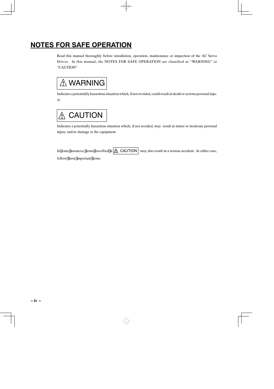Notes for safe operation, Warning, Caution | Yaskawa SGDB User Manual | Page 3 / 585
