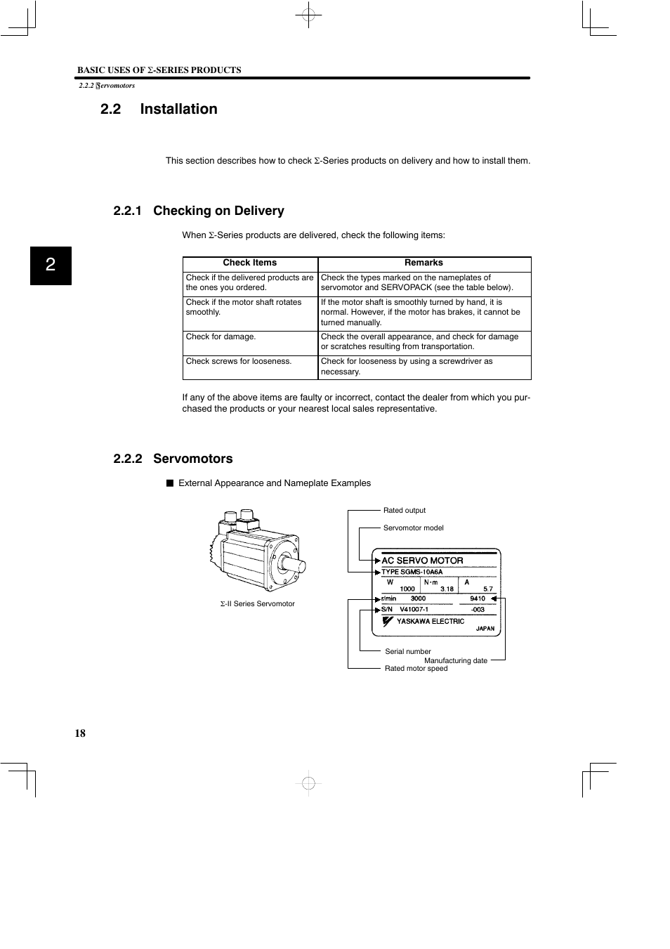 2 installation, 1 checking on delivery, 2 servomotors | Yaskawa SGDB User Manual | Page 30 / 585