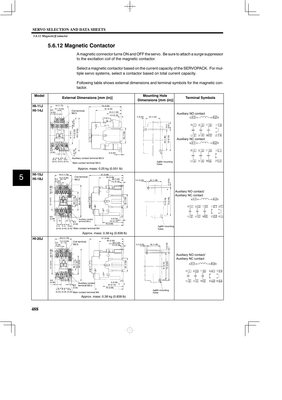 12 magnetic contactor, Servo selection and data sheets, Hi-15j hi-18j | Hi-20j | Yaskawa SGDB User Manual | Page 498 / 585