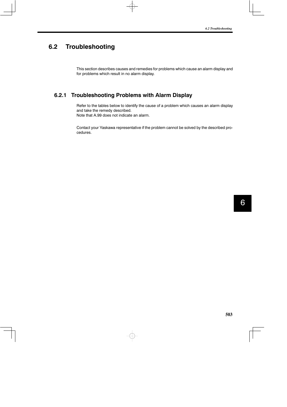 2 troubleshooting, 1 troubleshooting problems with alarm display | Yaskawa SGDB User Manual | Page 512 / 585