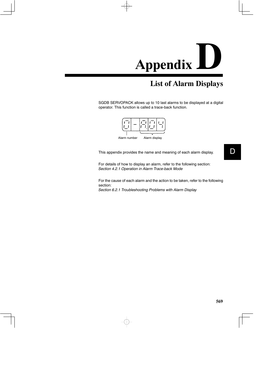 Appendix d list of alarm displays, Appendix | Yaskawa SGDB User Manual | Page 575 / 585