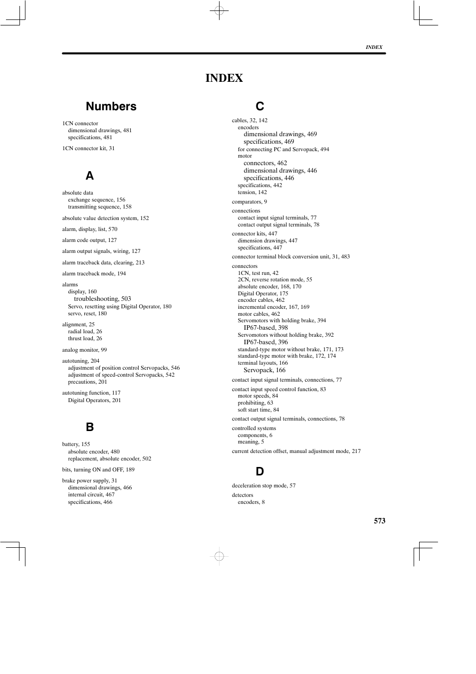 Index, Numbers, Index numbers | Yaskawa SGDB User Manual | Page 579 / 585