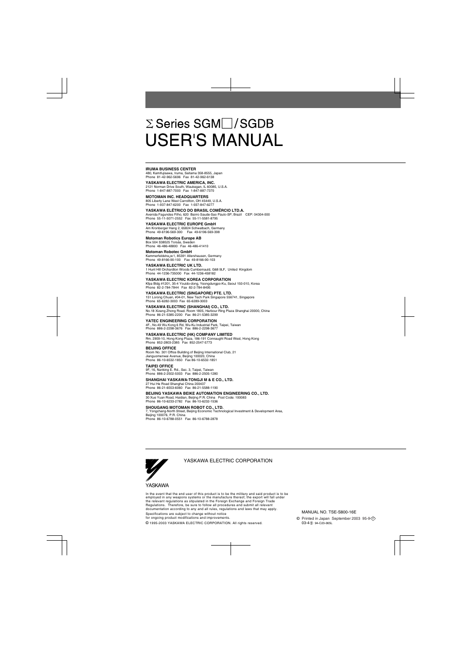 Back cover, Yaskawa | Yaskawa SGDB User Manual | Page 585 / 585