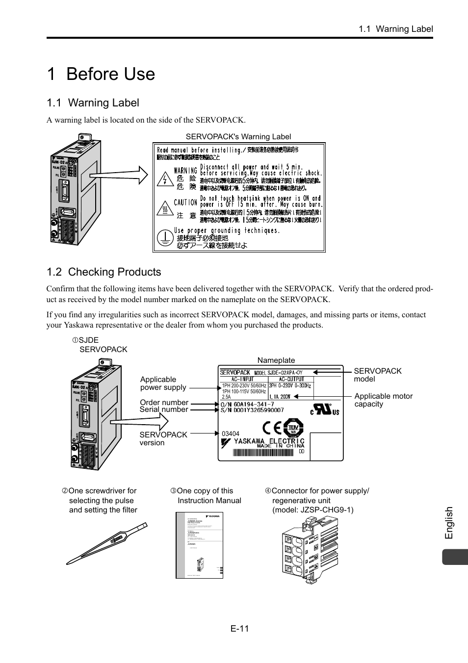 1 before use, 1 warning label, 2 checking products | English, 1 warning label e-11 | Yaskawa Junma Series SERVOPACK User Manual | Page 12 / 94