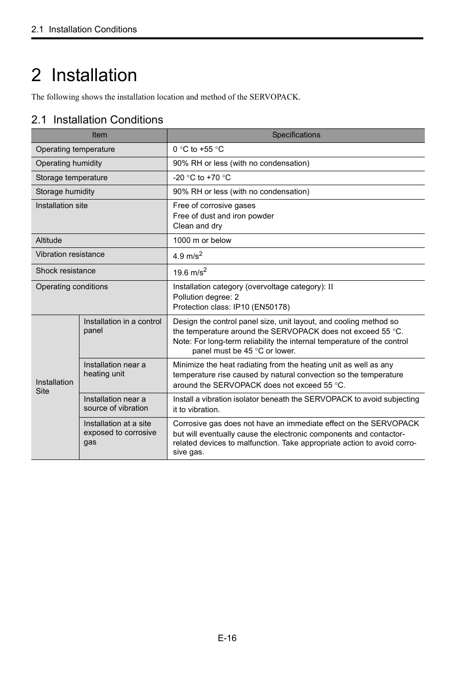 2 installation, 1 installation conditions, 1 inst | Yaskawa Junma Series SERVOPACK User Manual | Page 17 / 94