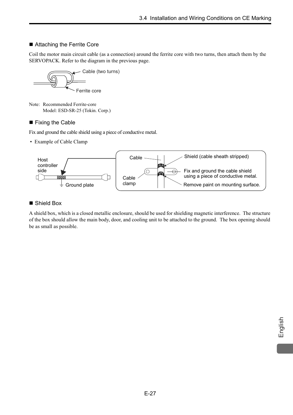 Attaching the ferrite core, Fixing the cable, Shield box | English | Yaskawa Junma Series SERVOPACK User Manual | Page 28 / 94