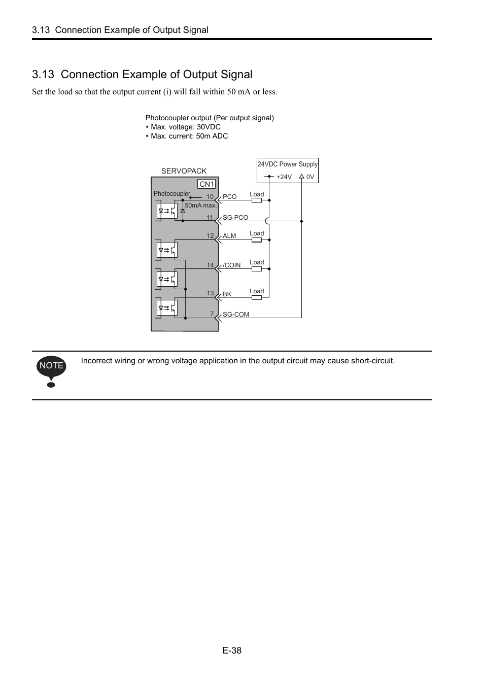 13 connection example of output signal, 13 conne, 13 connection example of output signal e-38 | Yaskawa Junma Series SERVOPACK User Manual | Page 39 / 94