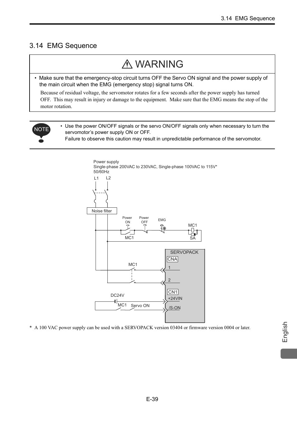 14 emg sequence, 14 emg, Warning | English | Yaskawa Junma Series SERVOPACK User Manual | Page 40 / 94
