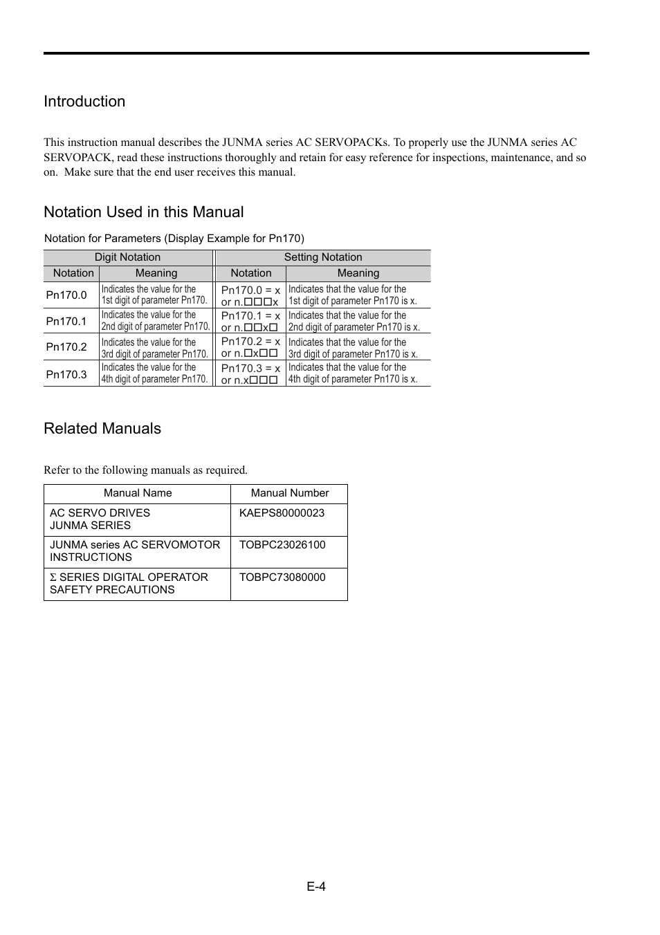 Introduction, Notation used in this manual, Related manuals | Notation used in this manual related manuals | Yaskawa Junma Series SERVOPACK User Manual | Page 5 / 94
