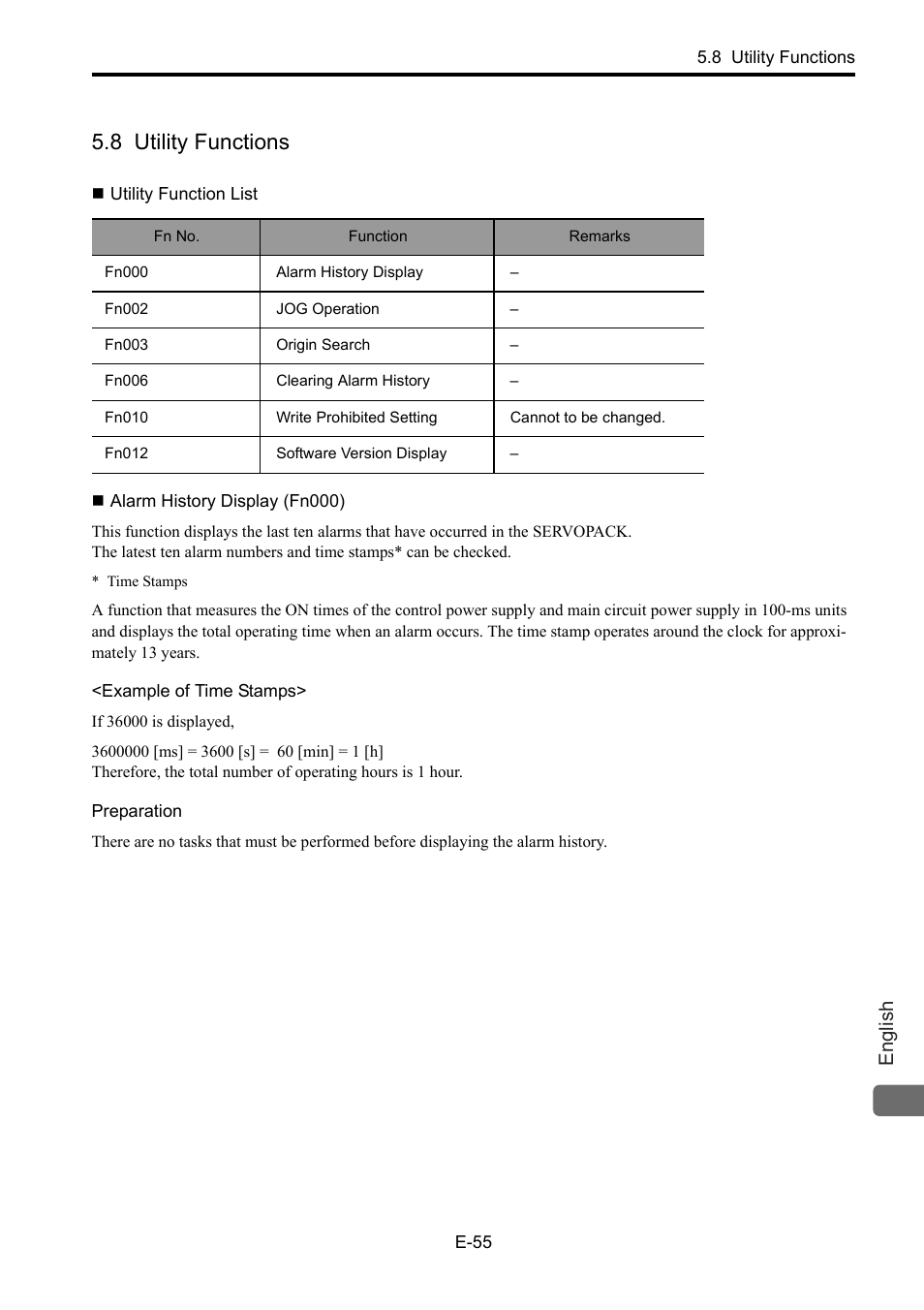 8 utility functions, Utility function list, Alarm history display (fn000) | Alarm history display (fn, English | Yaskawa Junma Series SERVOPACK User Manual | Page 56 / 94