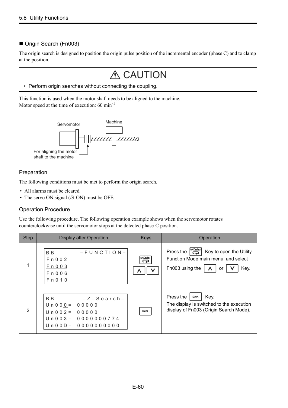 Origin search (fn003), Origin, Caution | Yaskawa Junma Series SERVOPACK User Manual | Page 61 / 94