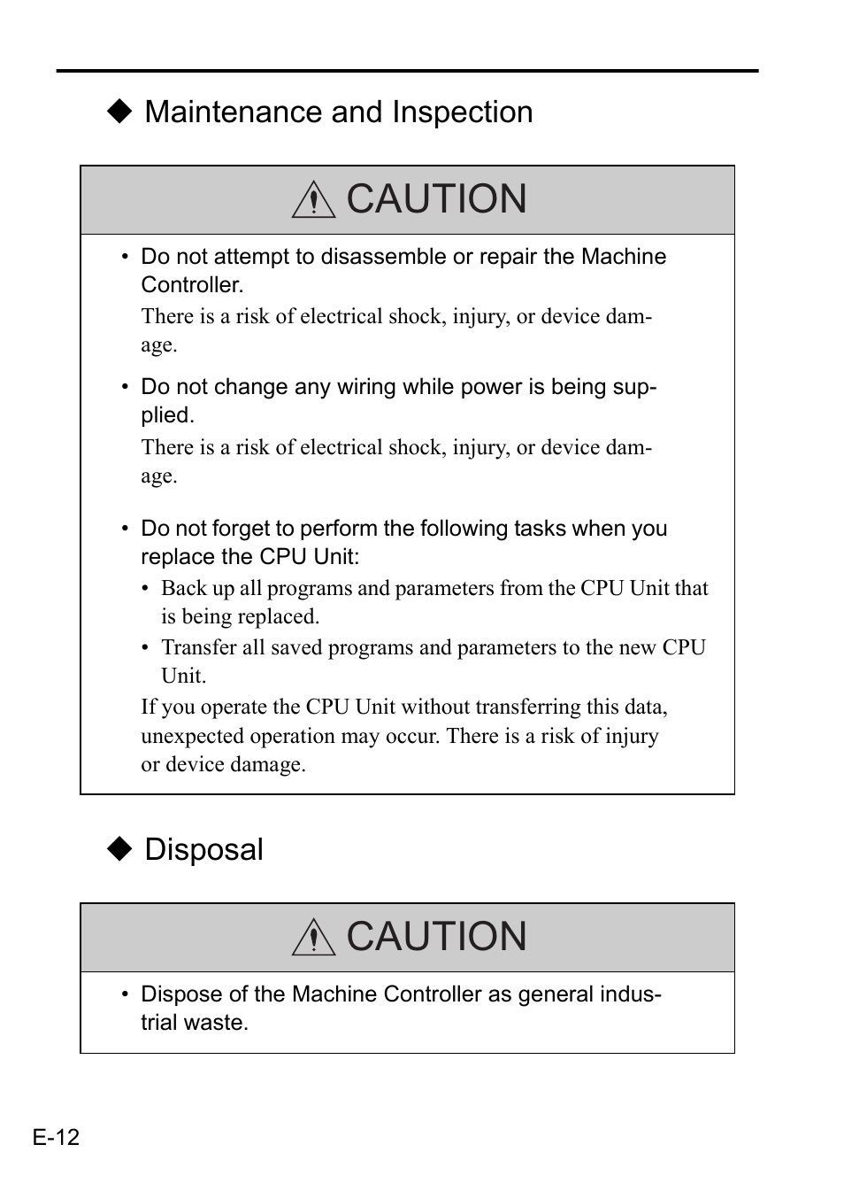 Caution, Maintenance and inspection  disposal | Yaskawa MP3200 CPU User Manual | Page 14 / 37