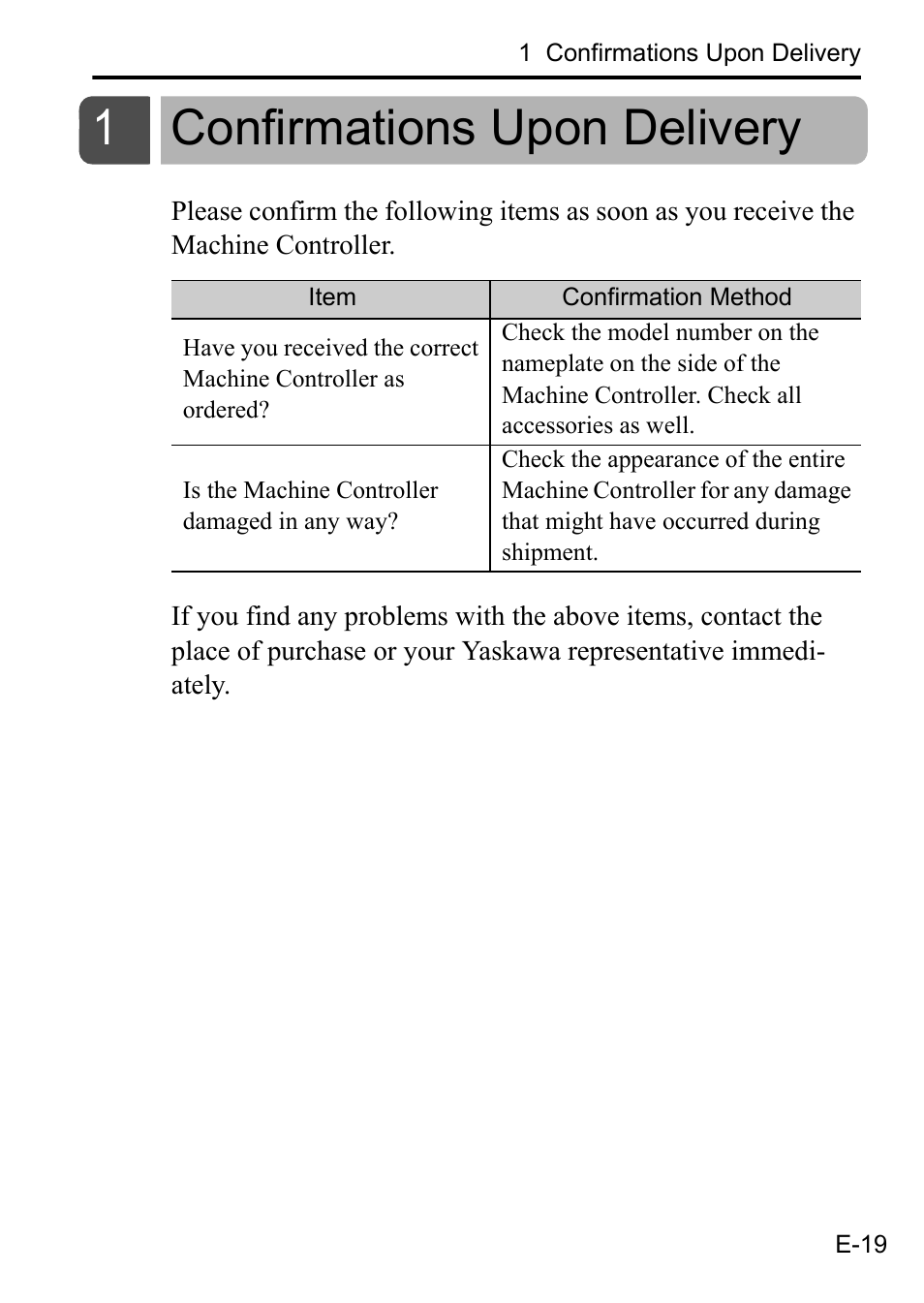 1 confirmations upon delivery, Confirmations upon delivery, 1confirmations upon delivery | Yaskawa MP3200 CPU User Manual | Page 21 / 37