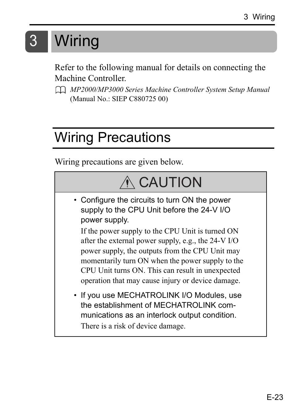 3 wiring, Wiring precautions, Wiring | 3wiring, Caution | Yaskawa MP3200 CPU User Manual | Page 25 / 37
