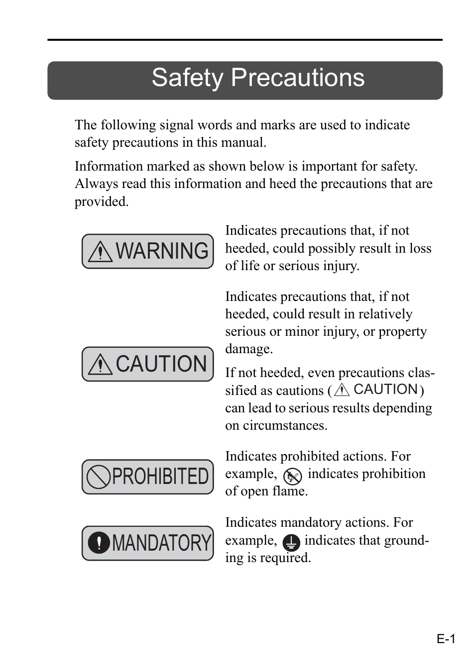 Safety precautions, Warning caution, Prohibited mandatory | Yaskawa MP3200 CPU User Manual | Page 3 / 37