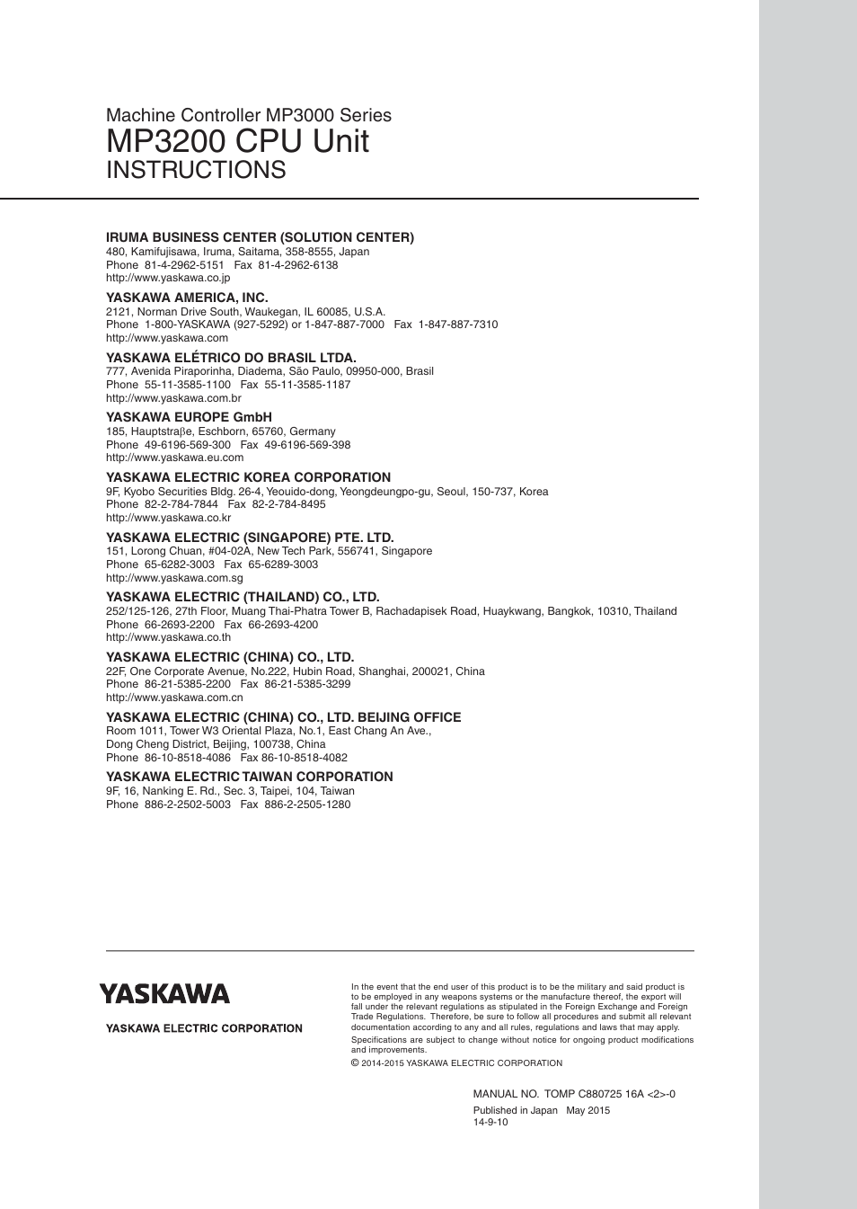 Back cover, Mp3200 cpu unit, Instructions | Machine controller mp3000 series | Yaskawa MP3200 CPU User Manual | Page 36 / 37