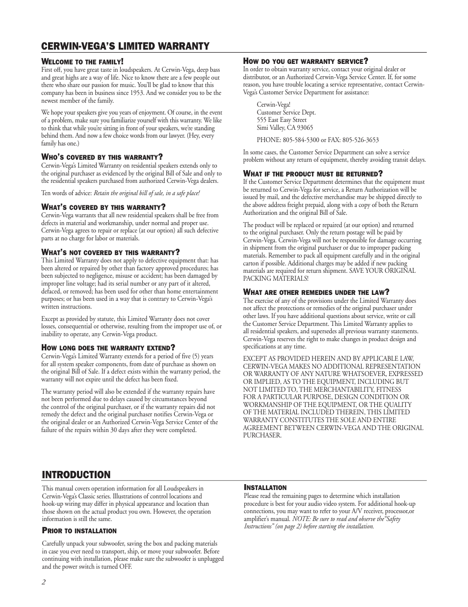 Cerwin-vega’s limited warranty, Introduction | Cerwin-Vega Classic Series CLSC-6 User Manual | Page 2 / 4